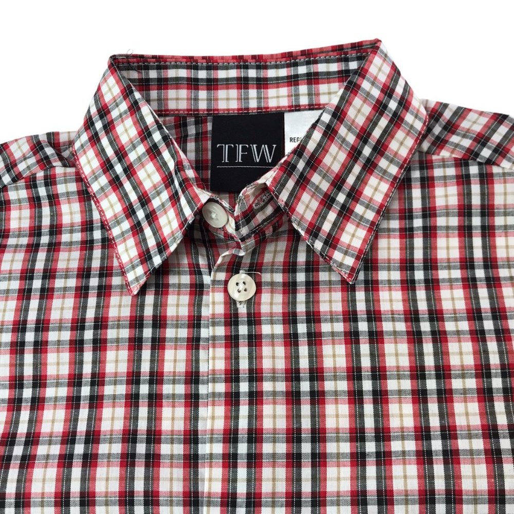 New NWT TFW Collard Button Down Plaid Shirt Red White Black Kids 6 Boys Girls
